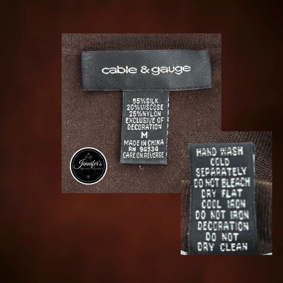 Cable & Gauge Brown Silk Blend Wood Bead V Neck 3/4 Sleeve Sweater Size Medium - Picture 8 of 10